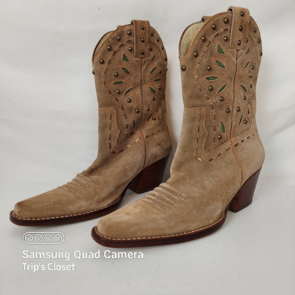 Cole Haan Tan Suede Western Studded Booties